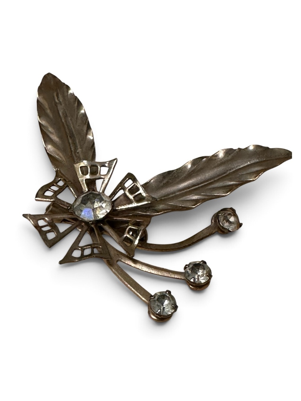 Vintage Art Deco Silver Tone Rhinestone Leaf & Bow Brooch